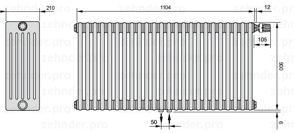 Схема (чертеж) Радиатор Zehnder Charleston 6090/24 №V008 Белый глянцевый RAL 9016